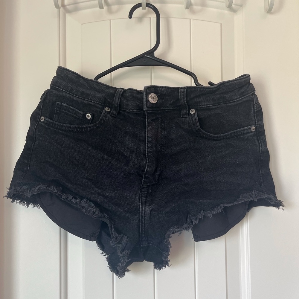 H&M Black Denim Micro Mini Shorts Distressed Y2K Gyaru McBling 2000s - Picture 2 of 5